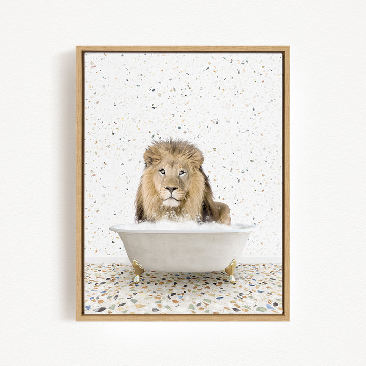 A lion sitting in a bathtub filled with water, surrounded by a speckled background.