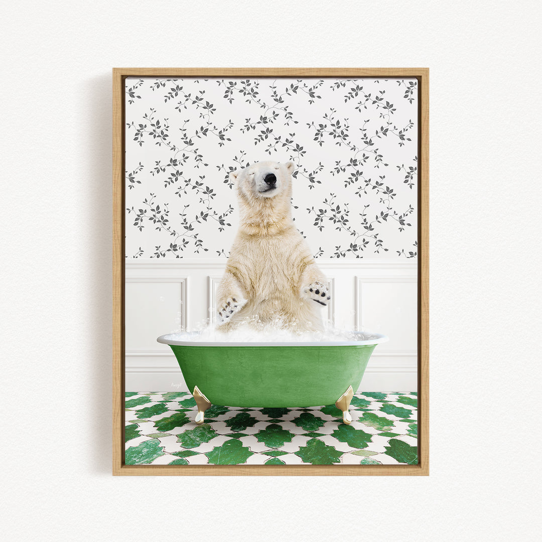A polar bear sitting in a green bathtub filled with bubbles, surrounded by a patterned wall and green and white floor.
