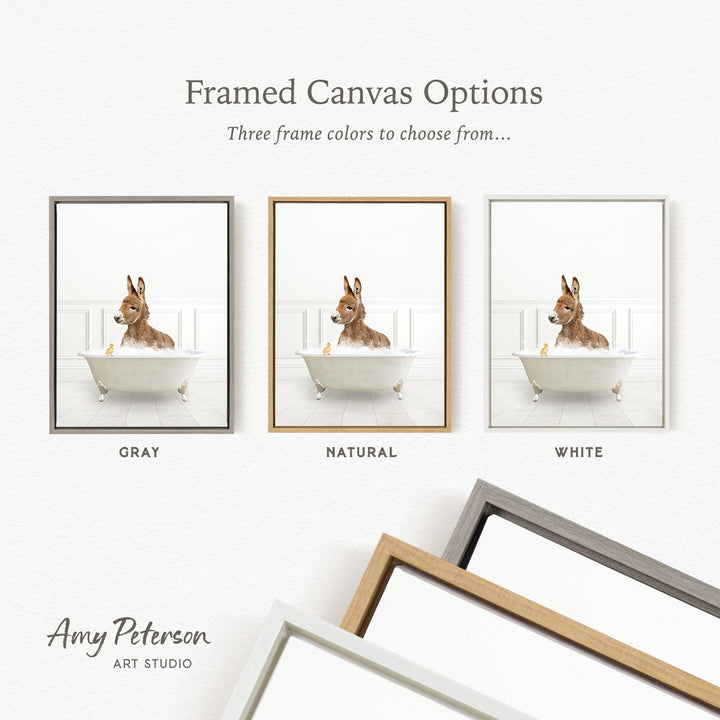 three framed canvas options, each featuring a donkey bathtub with a dog inside. The options include a gray frame, a natural frame, and a white frame.