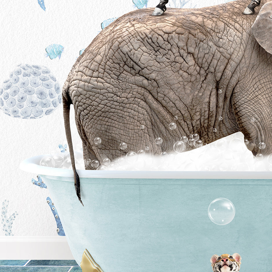 an elephant is taking a bath in a bathtub