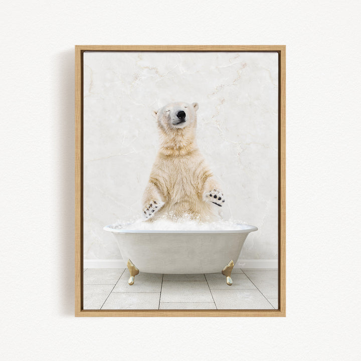 A polar bear standing in a white bathtub filled with water, appearing to be enjoying a bath.
