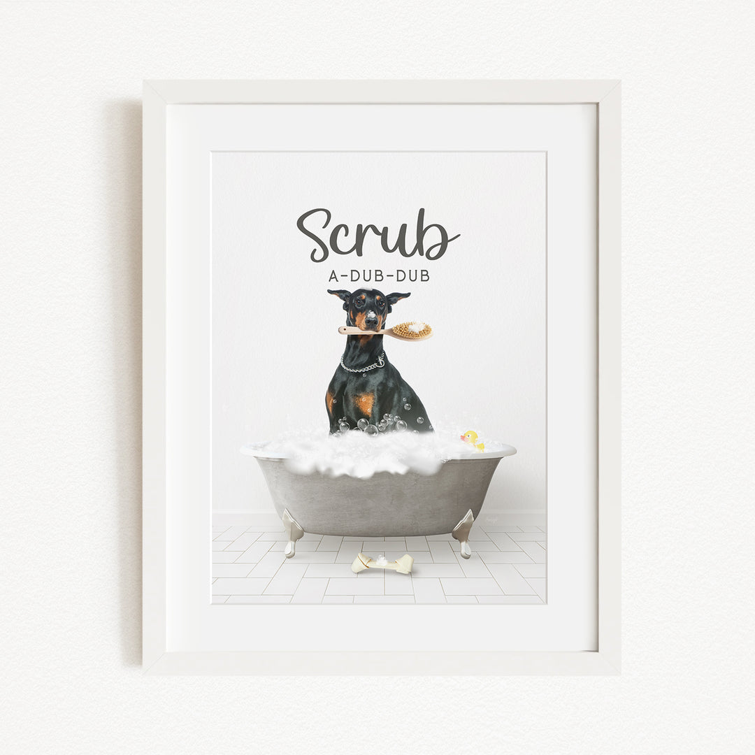 A dog sitting in a bathtub, holding a toy in its mouth, with the text "Scrub A-DUB-DUB" above it.