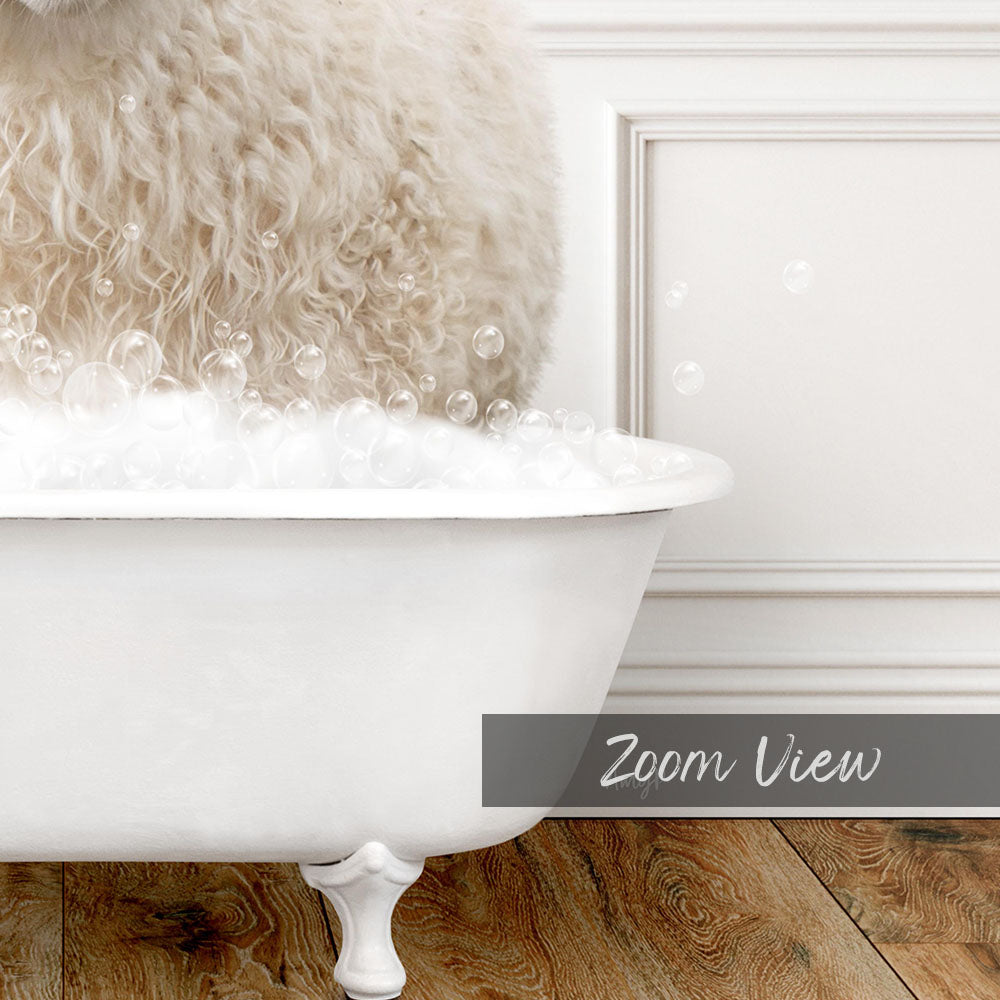 A fluffy white dog is sitting in a white bathtub filled with bubbles, creating a cozy and relaxing scene.