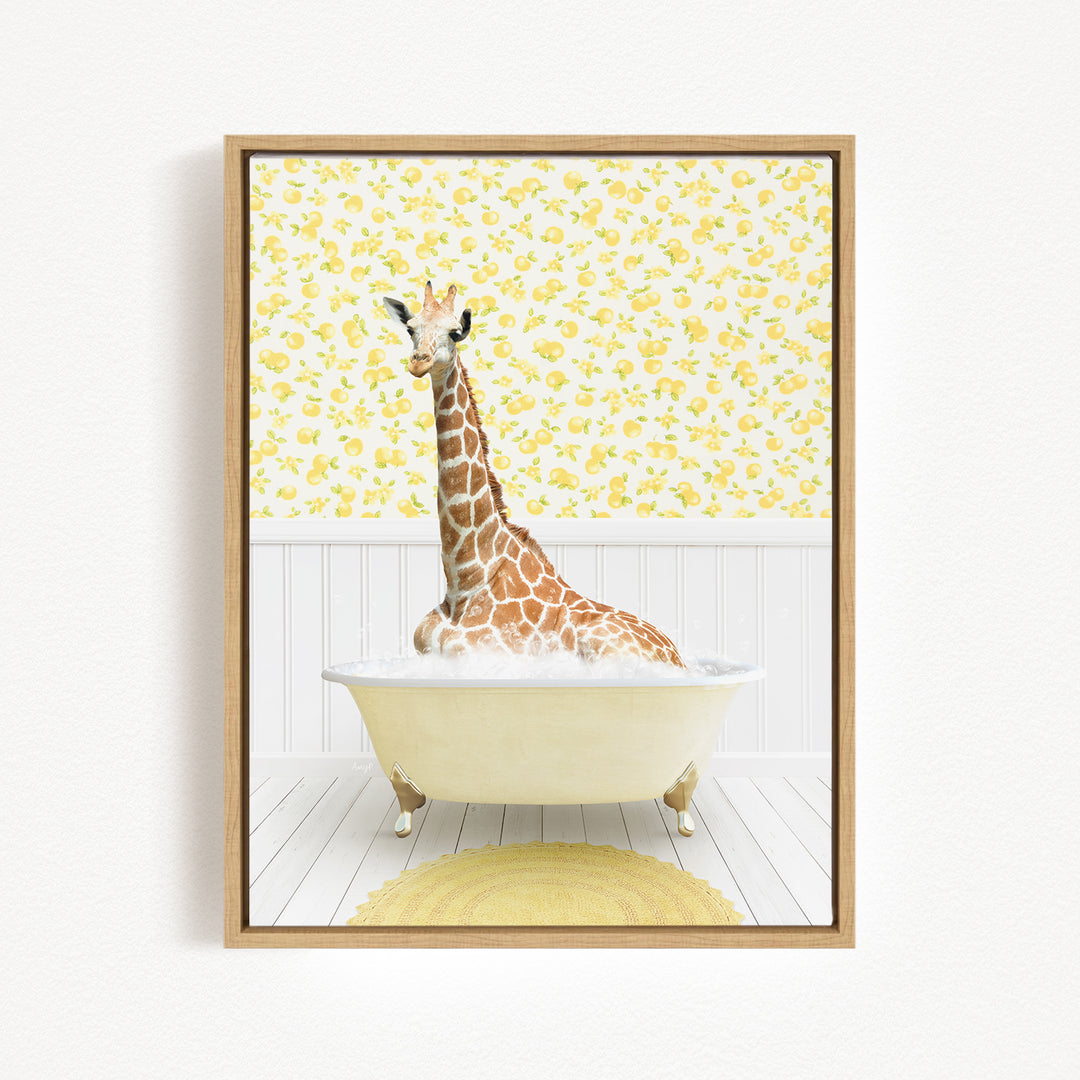 A giraffe sitting in a bathtub filled with water, surrounded by a yellow floral pattern on the wall behind it.