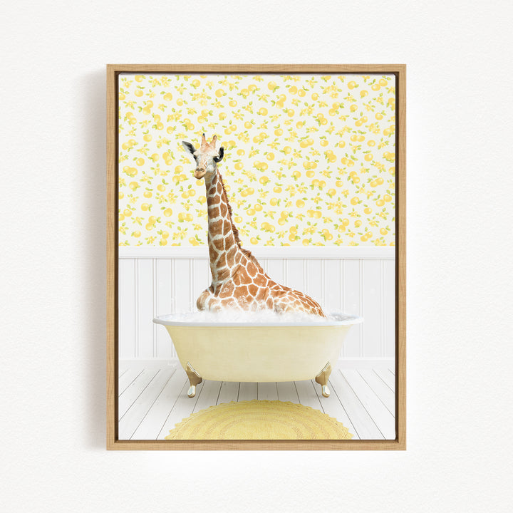 A giraffe sitting in a bathtub filled with water, surrounded by a yellow floral pattern on the wall behind it.