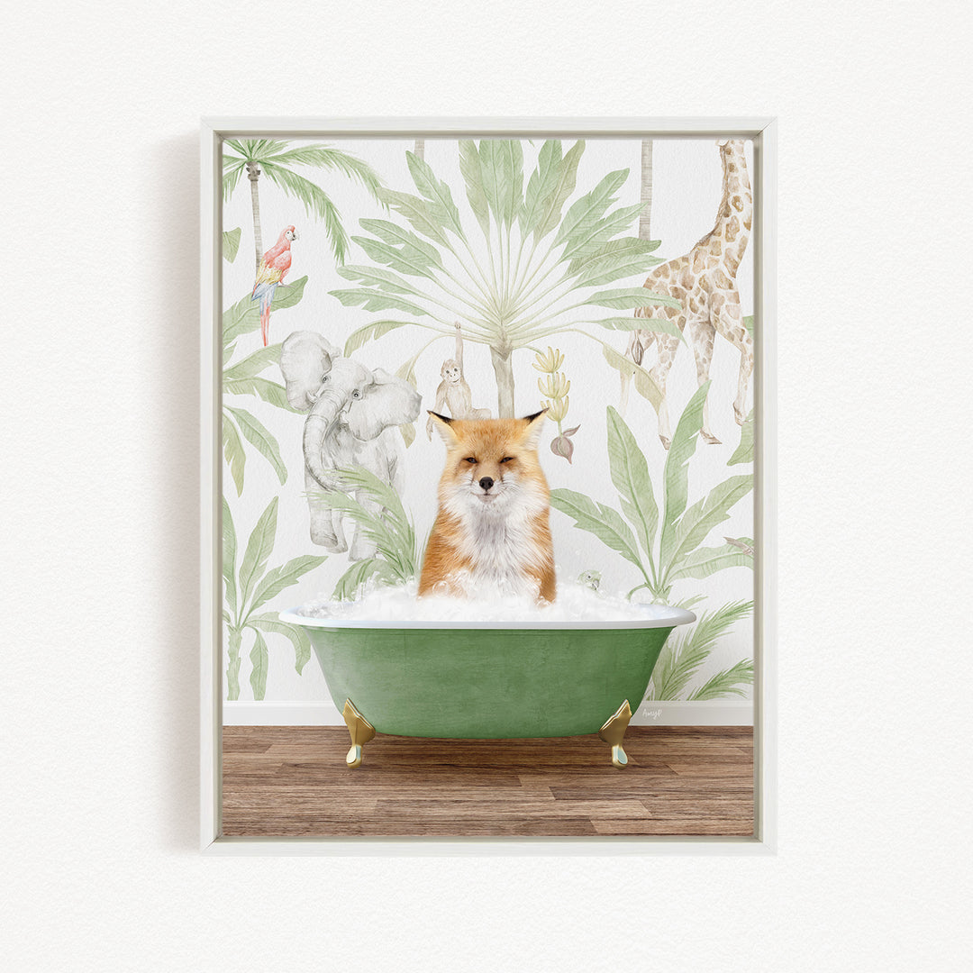 A fox is sitting in a green bathtub, surrounded by various animals such as a giraffe, parrot, and elephant, all set against a tropical wallpaper backdrop.
