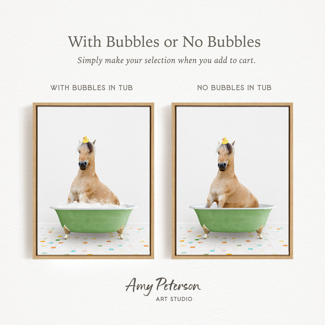 The image is a collage of two pictures featuring a horse sitting in a green tub with bubbles, and another picture of the same horse sitting in a tub without bubbles.