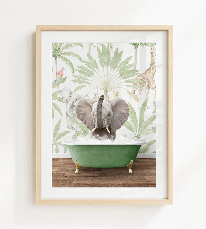 A framed image depicting an elephant sitting in a green bathtub, surrounded by tropical foliage and a giraffe in the background.