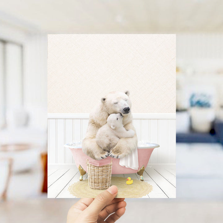 A polar bear is sitting in a pink bathtub, with a baby bear nestled next to it, in a cozy, homely setting.