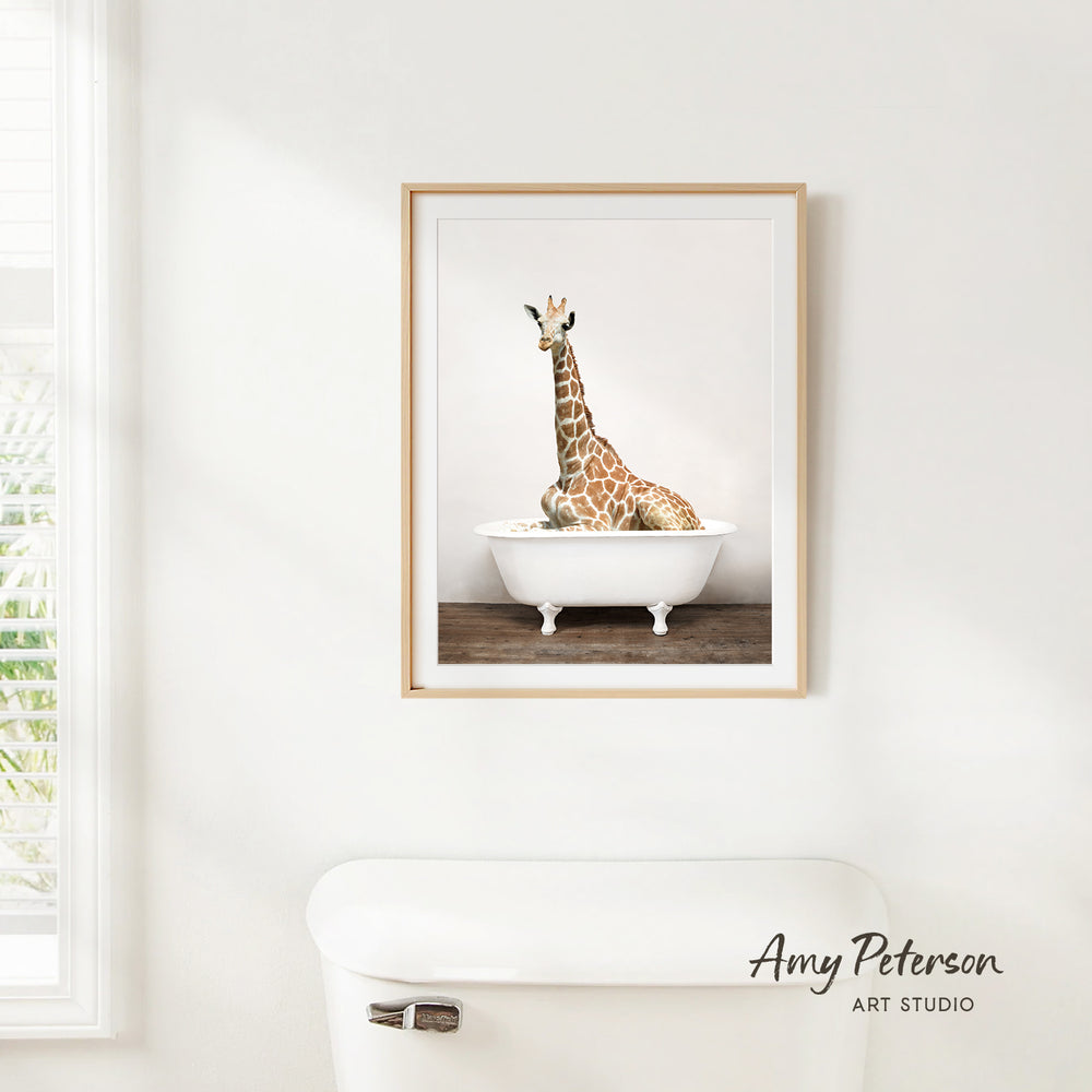 A framed image of a giraffe sitting in a white bathtub is hanging on a white wall.