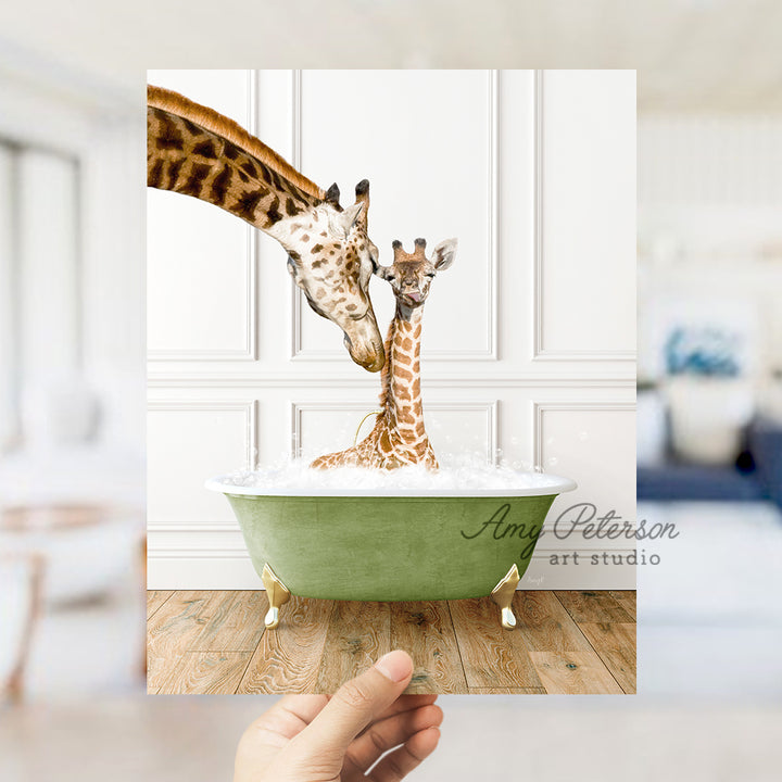 a giraffe and a baby giraffe in a bathtub