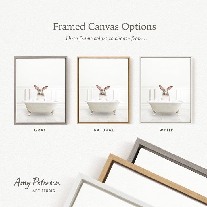 three framed canvas options, each featuring a different color: gray, natural, and white. The text above the images reads " Framed Canvas Options" and "Three frame colors to choose from...". The bottom of the image includes the text " Amy Peterson ART STUDIO".