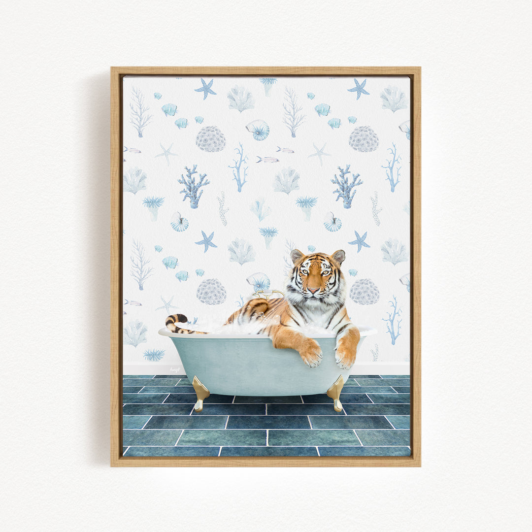 A tiger is sitting in a bathtub filled with water, surrounded by various marine life and plants, creating a whimsical and playful scene.