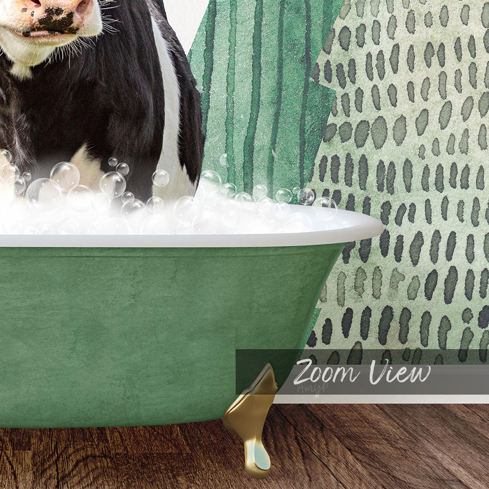 A black and white cow is standing in a green bathtub filled with bubbles, with a patterned wall in the background.