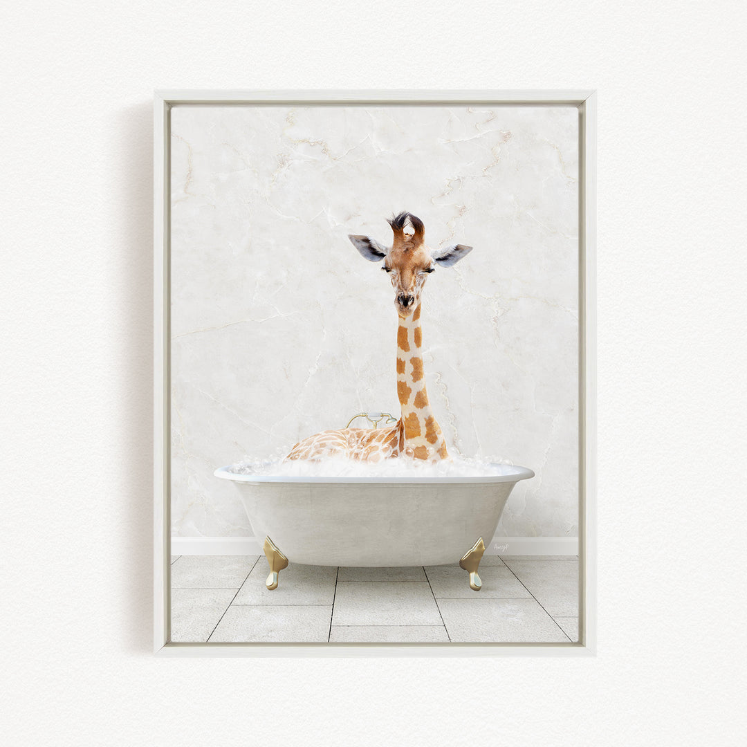 A giraffe is sitting in a white bathtub filled with water, creating a whimsical and playful scene.