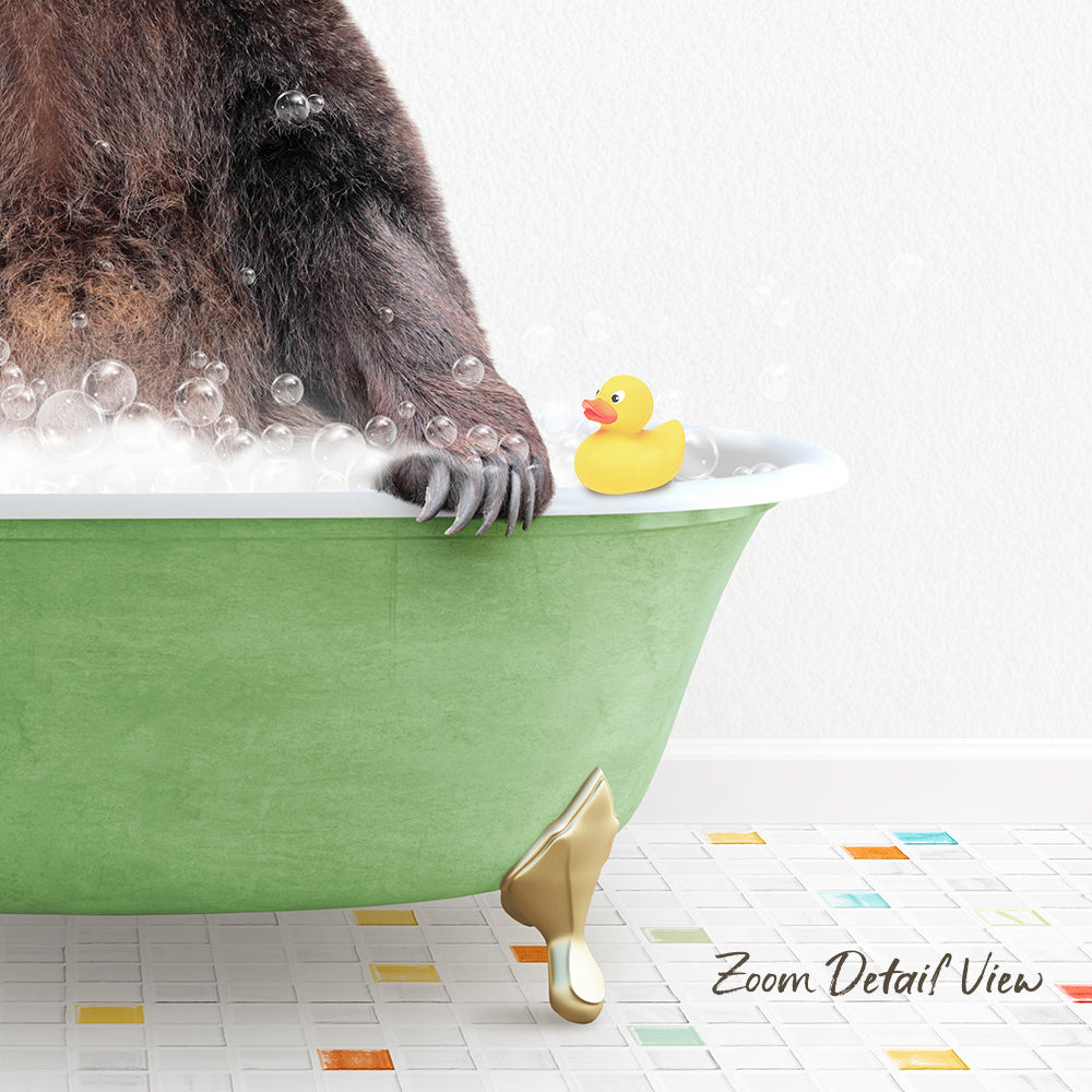 A bear is sitting in a green bathtub filled with bubbles, with a rubber duck floating on the water.