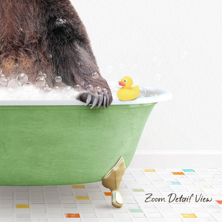 A bear is sitting in a green bathtub filled with bubbles, with a rubber duck floating on the water.