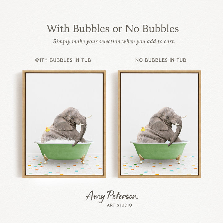 The image is a collage of two pictures, each featuring a gray elephant sitting in a green bathtub. The elephant is holding a yellow object, possibly a toy or a piece of paper. The collage includes a text overlay that provides instructions on how to choose the right tub for the elephant, suggesting that the viewer should either add bubbles to the tub or not add bubbles to the tub, depending on their preference.