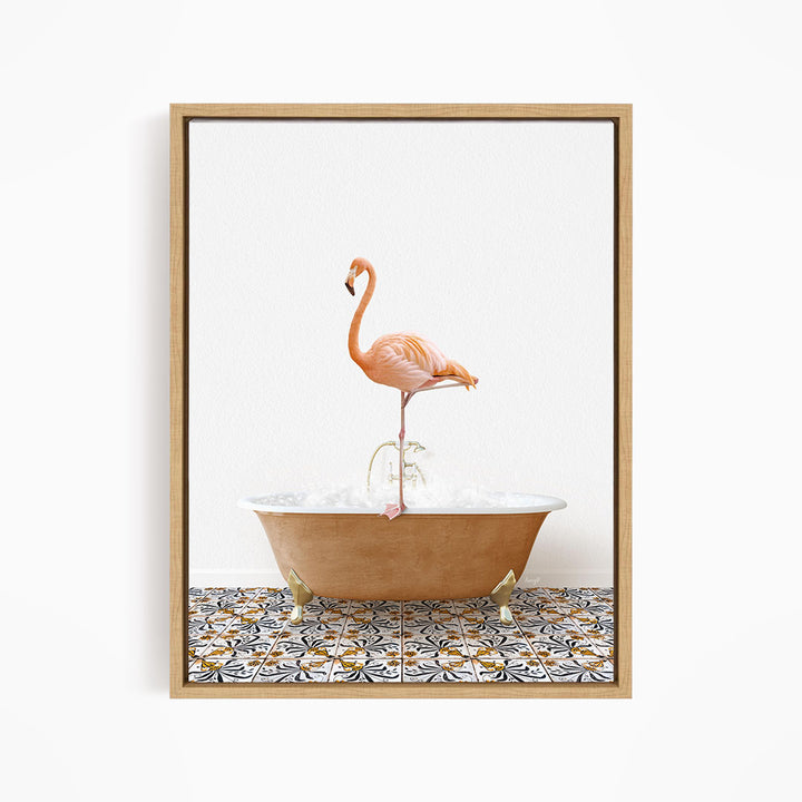 A pink flamingo standing on one leg in a bathtub filled with water, set against a white background with a patterned tile floor.