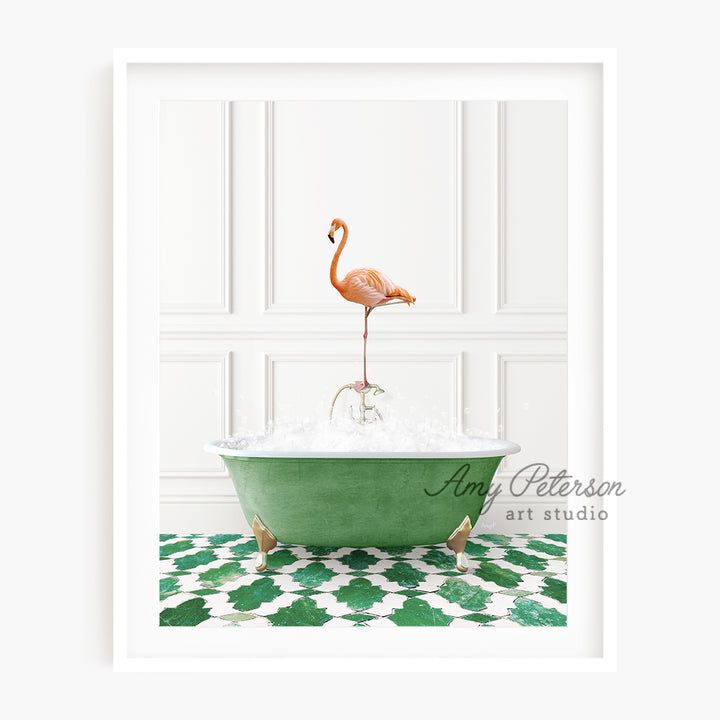 a pink flamingo standing on top of a bath tub