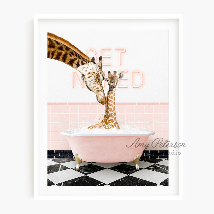 a couple of giraffe standing next to each other in a bathtub