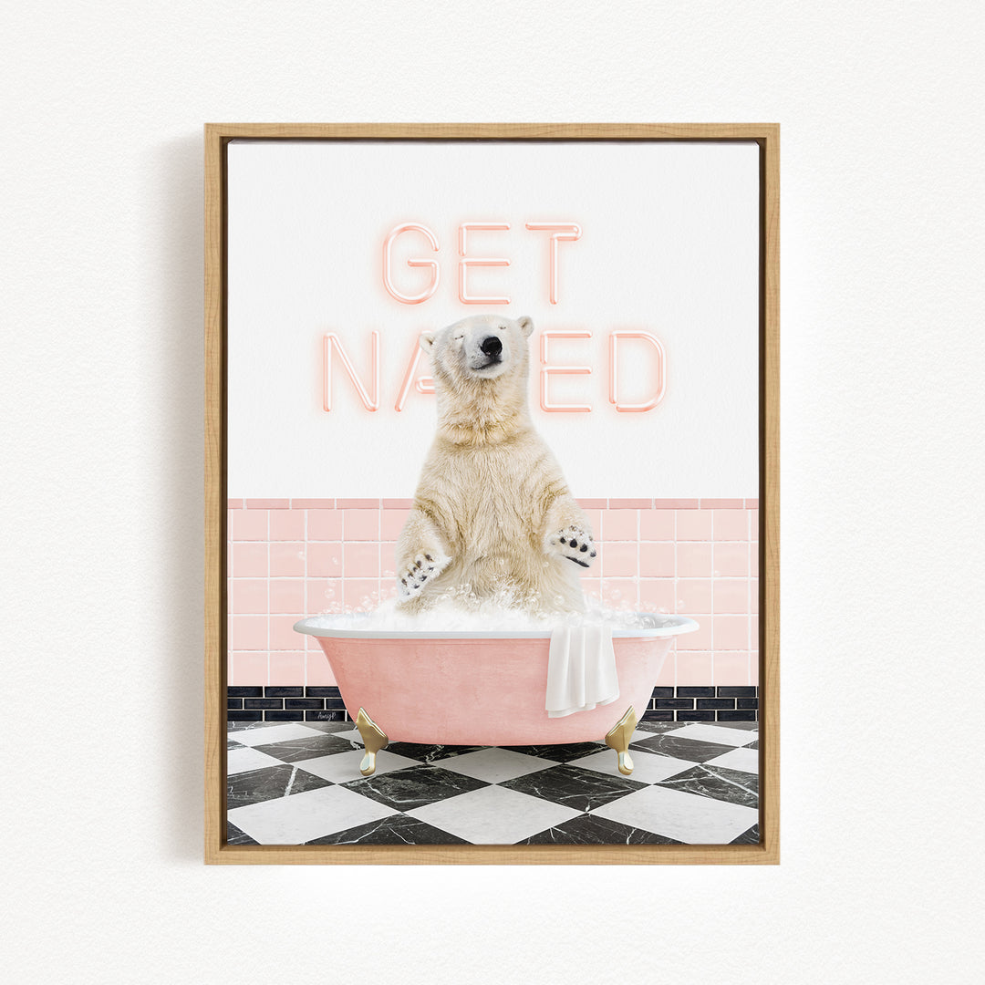 A polar bear sitting in a pink bathtub with the words "GET NAMED" written on the wall behind it.