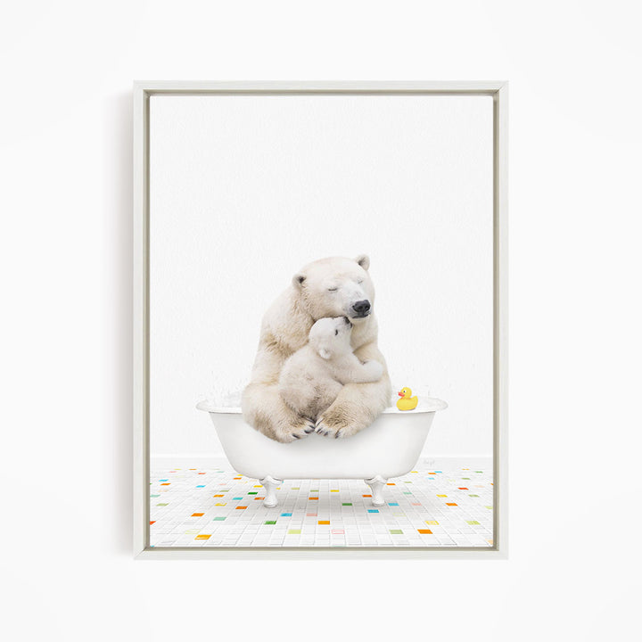 A polar bear and a cub are sitting together in a white bathtub, with a rubber duck floating in the water.
