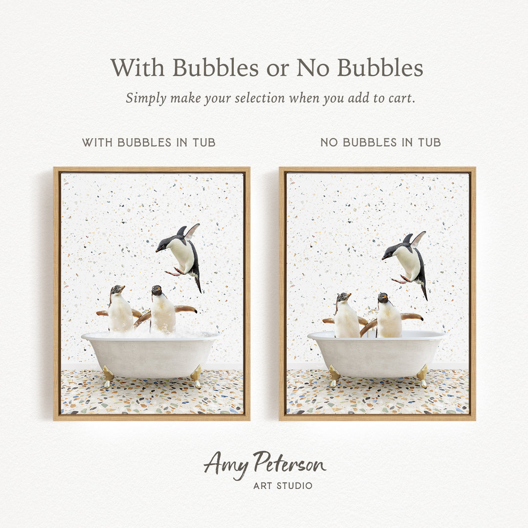 The image is a collage of two pictures, each featuring a penguin in a bathtub. The penguins are depicted in different states of being in the tub, with one penguin floating in the water and another penguin standing on the edge of the tub. The collage is titled "With Bubbles or No Bubbles" and is created by Amy Peterson from Art Studio.