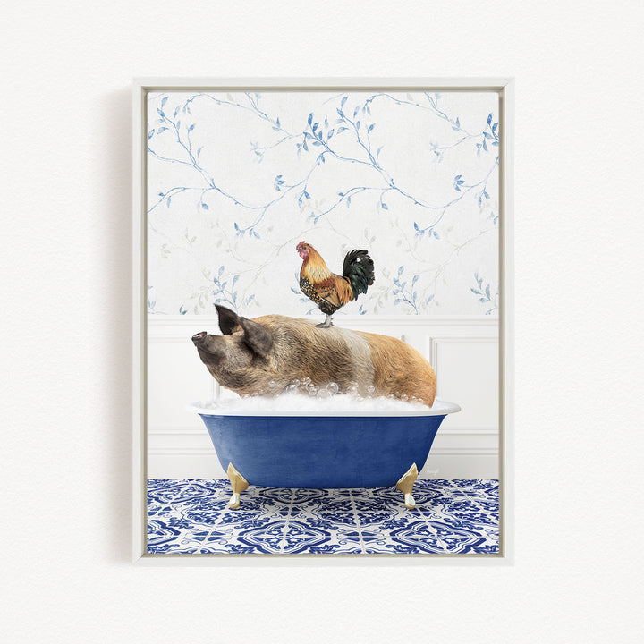 A rooster sits atop a pig in a blue bathtub, surrounded by a blue and white patterned floor.