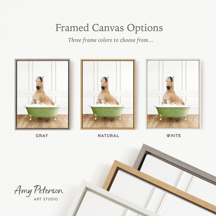 three framed canvas options, each featuring a dog sitting in a bathtub. The options include a gray frame, a natural frame, and a white frame. The text above the images reads " framed Canvas Options" and "Three frame colors to choose from...".