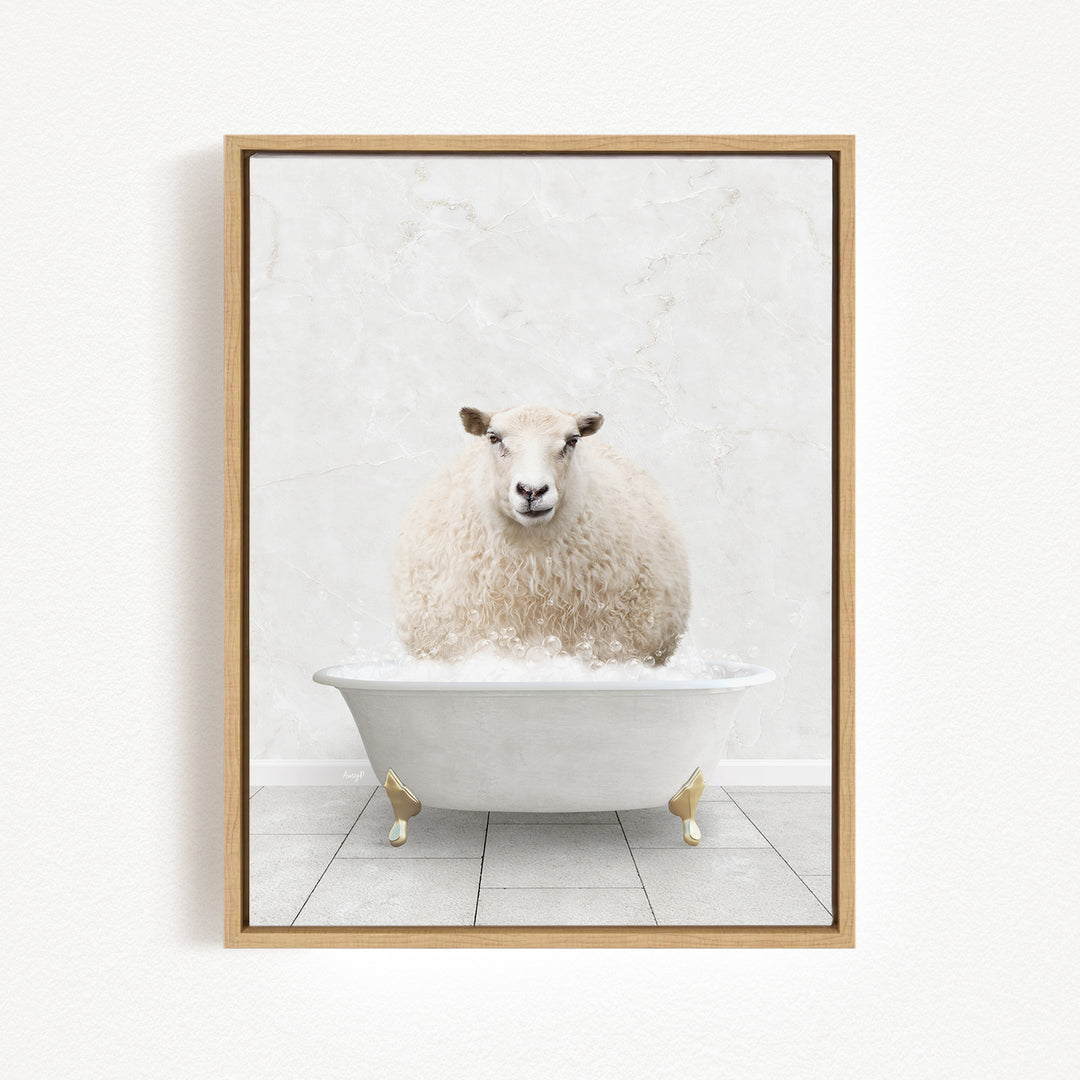 A fluffy white sheep is sitting in a white bathtub, surrounded by bubbles, in a serene and whimsical scene.