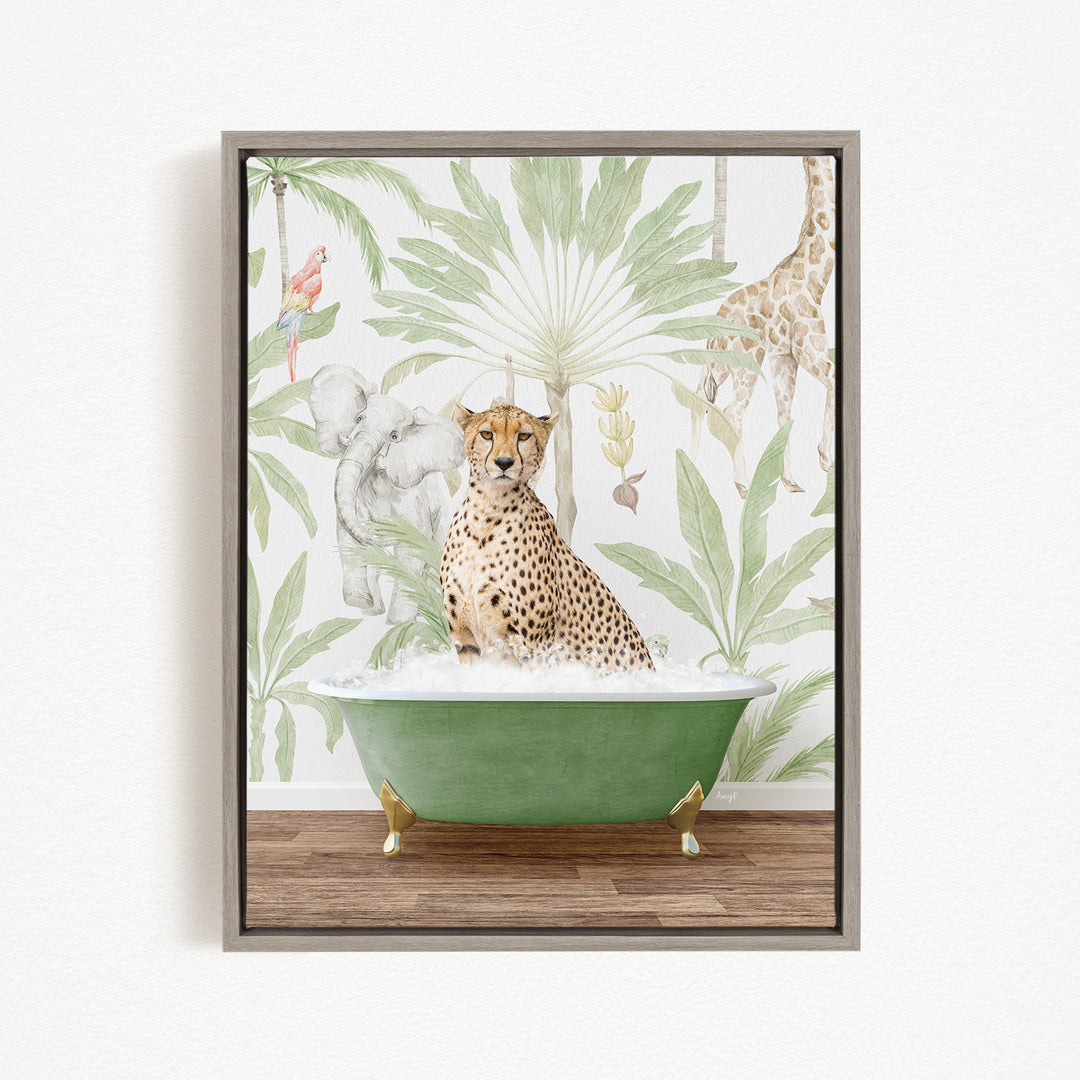 A cheetah is sitting in a green bathtub, surrounded by a tropical jungle wallpaper with various animals and plants.