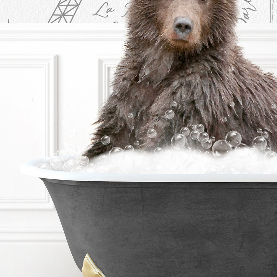 a brown bear sitting in a bathtub filled with bubbles