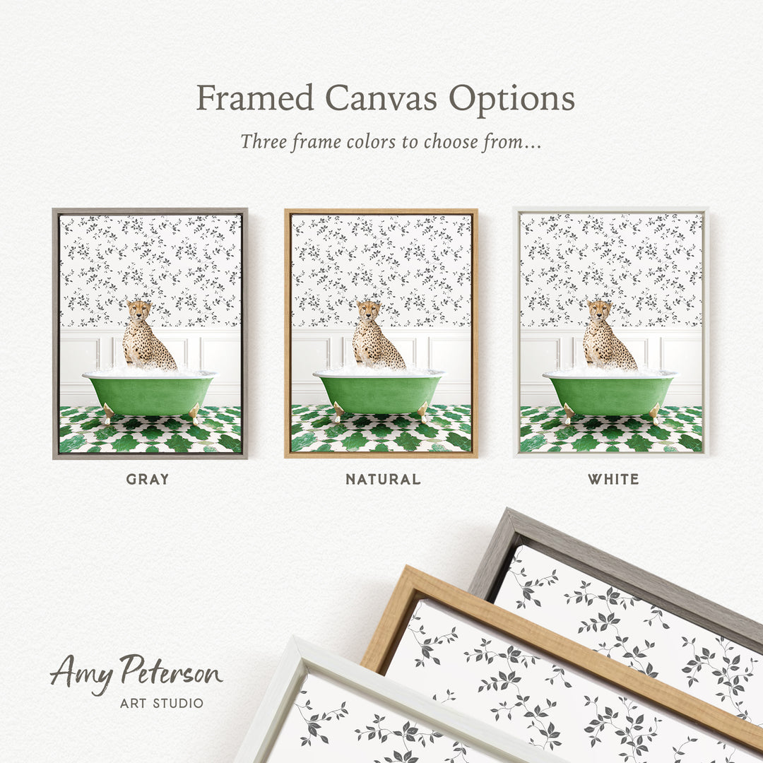 The image is a framed canvas option showcasing three different framed canvas options for a painting of a cheetah sitting in a bathtub.