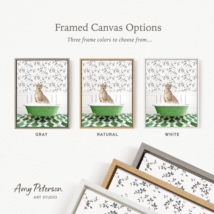 The image is a framed canvas option showcasing three different framed canvas options for a painting of a cheetah sitting in a bathtub.