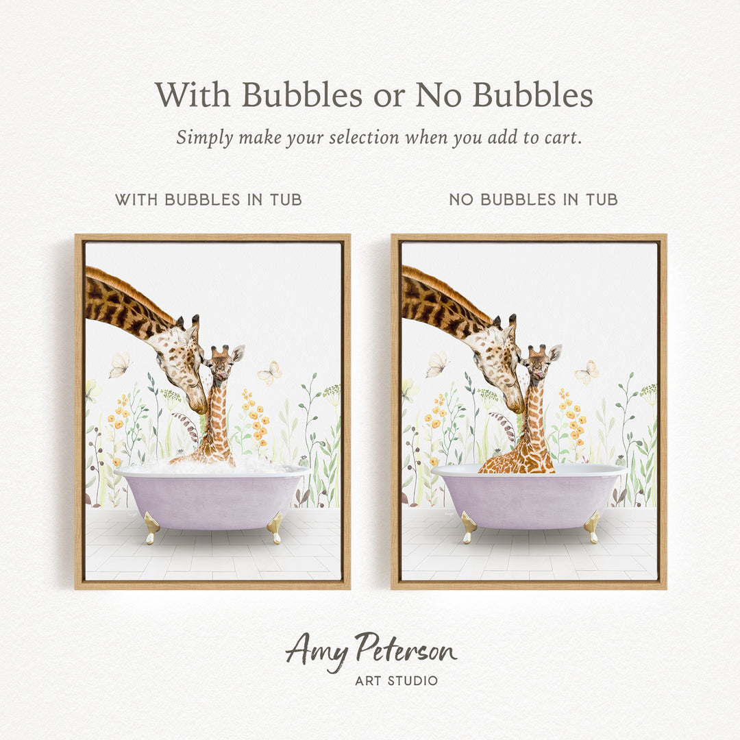 The image is a collage of two framed pictures depicting giraffes in a bathtub. The text above the images reads "With Bubbles or No Bubbles Simply make your selection when you add to cart." The text below the images states "WITH BUBBLES IN TUB" and "NO BUBBLES IN TUB," indicating the presence or absence of bubbles in the bathtub.