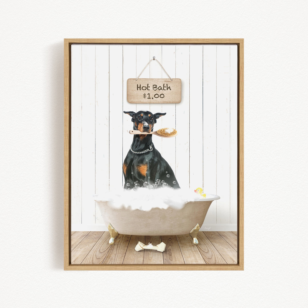A black and brown dog standing in a white bathtub, holding a yellow rubber duck, with a sign above the bathtub that says "Hot Bath $1.00".