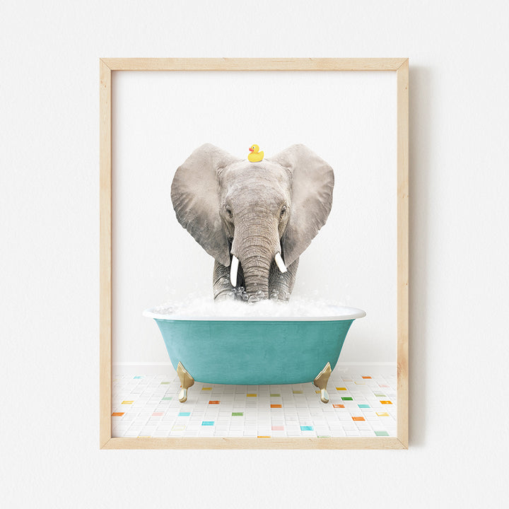 an elephant taking a bath in a blue bathtub