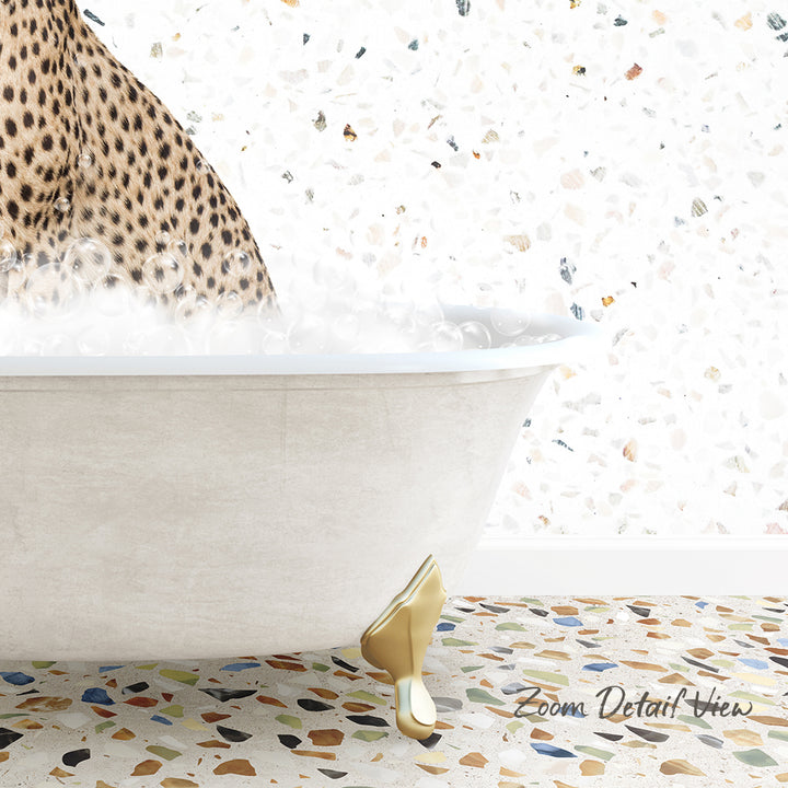 A leopard print bathtub filled with water, with a gold-colored claw-like object on the floor.
