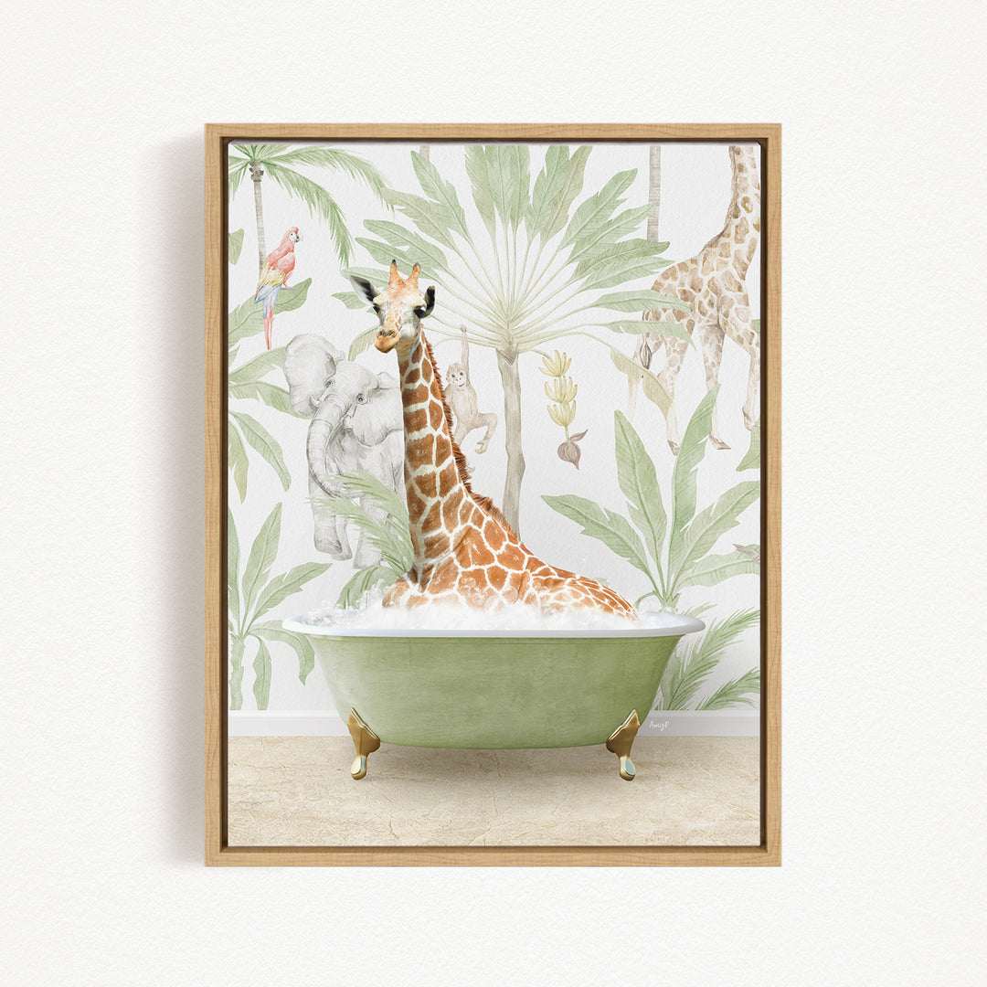 A giraffe sitting in a green bathtub surrounded by tropical foliage, including palm trees and other animals.