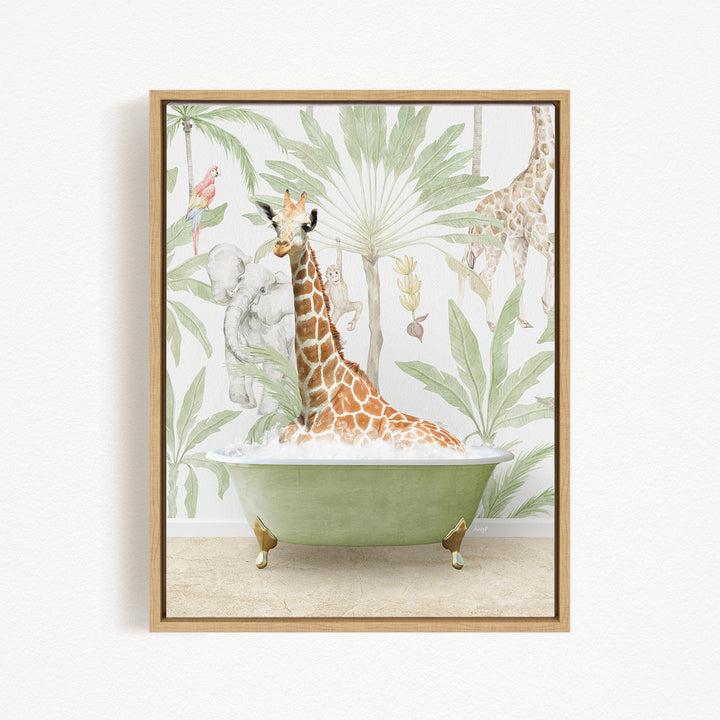 A giraffe sitting in a green bathtub surrounded by tropical foliage, including palm trees and other animals.