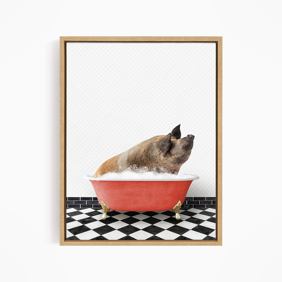 A pig sitting in a red bathtub filled with water, looking up at the camera.