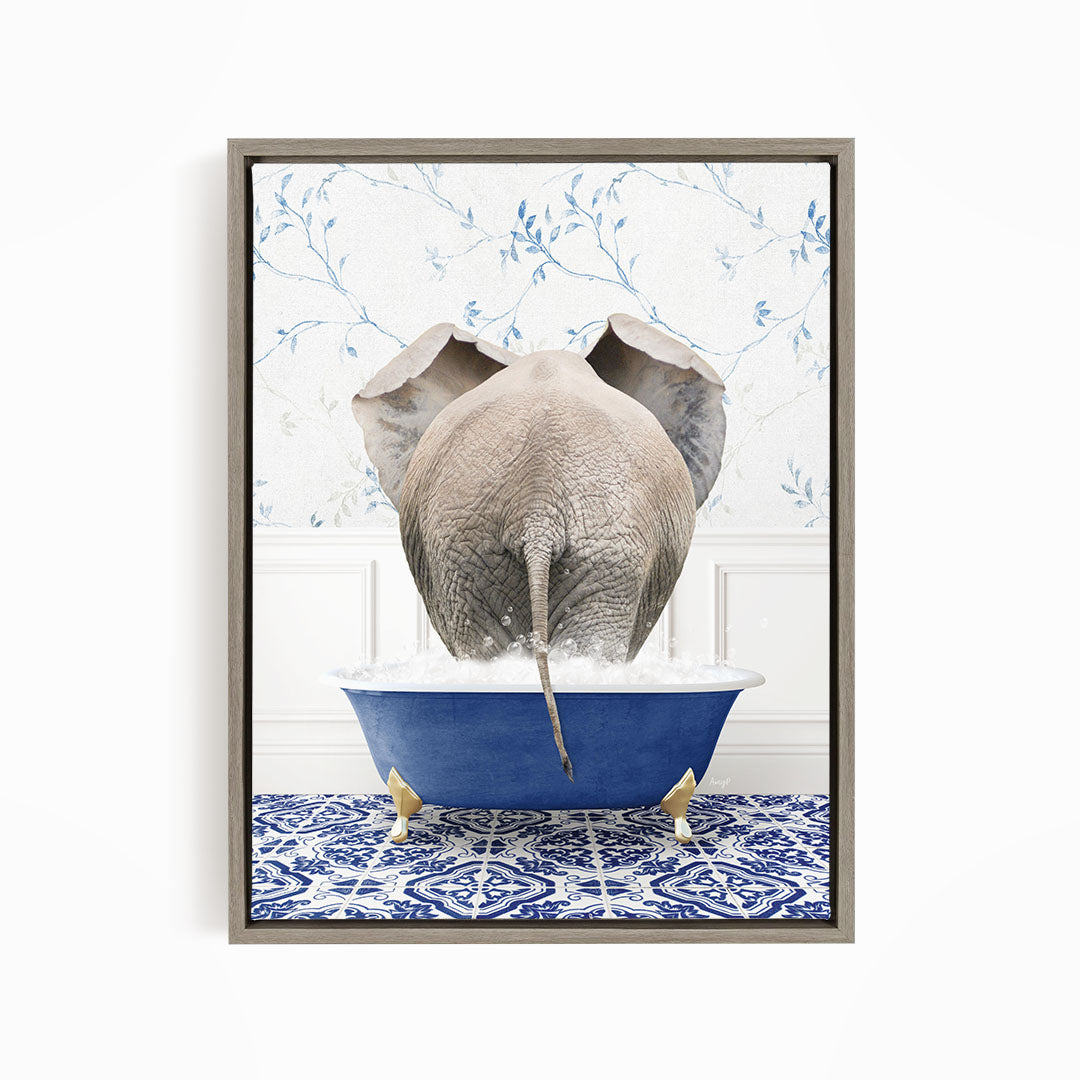 An elephant is sitting in a blue bathtub filled with water, surrounded by a blue and white patterned floor.