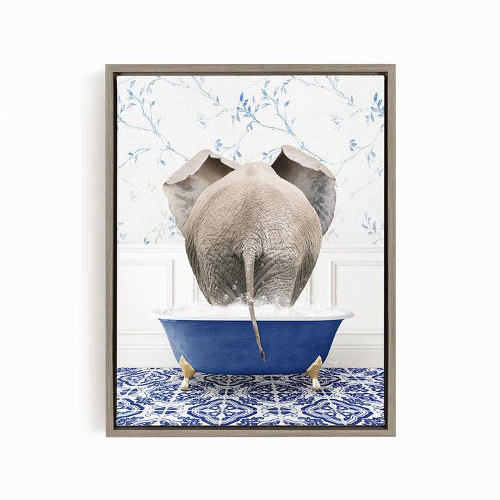 An elephant is sitting in a blue bathtub filled with water, surrounded by a blue and white patterned floor.