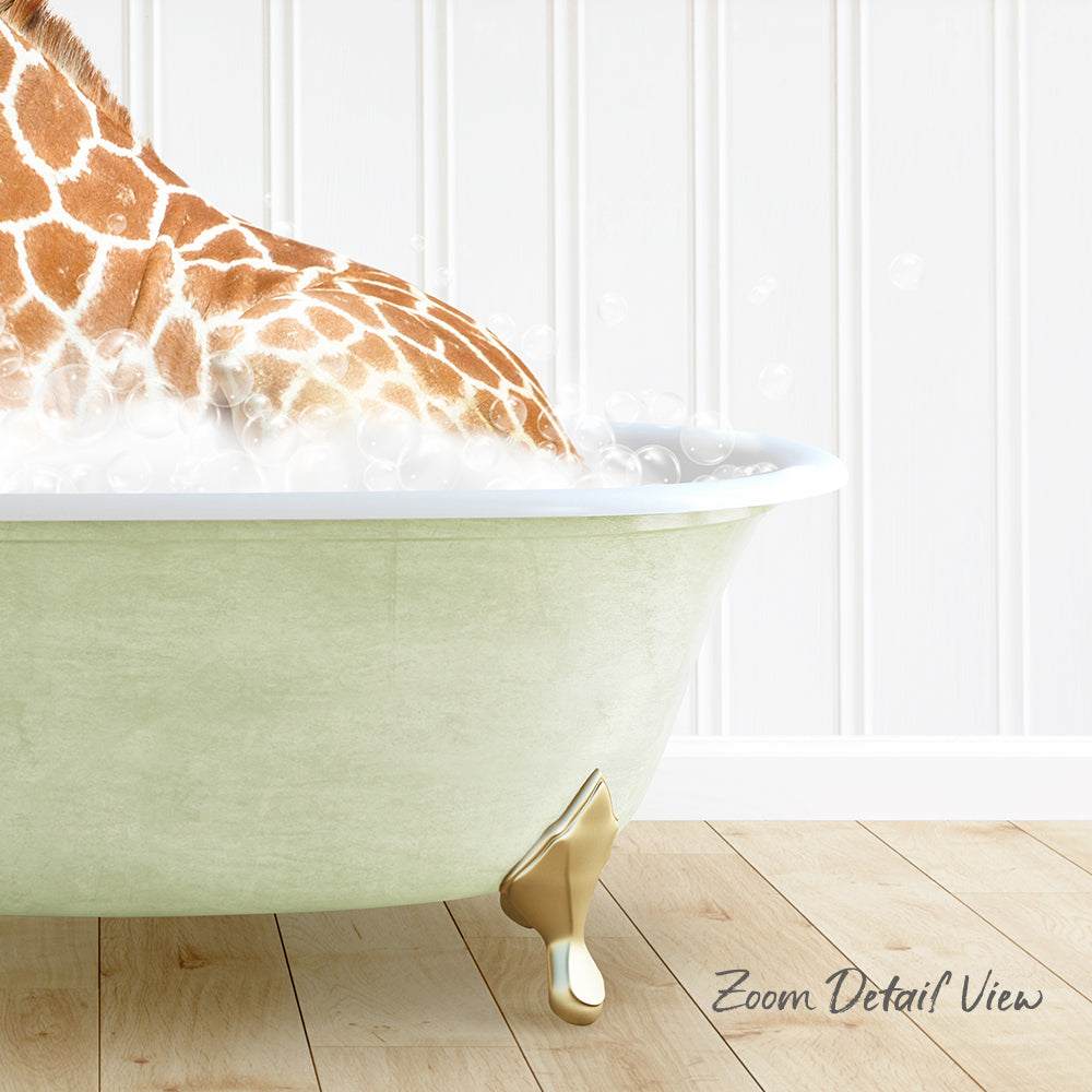 A giraffe is sitting in a green bathtub filled with water, creating a whimsical and playful scene.