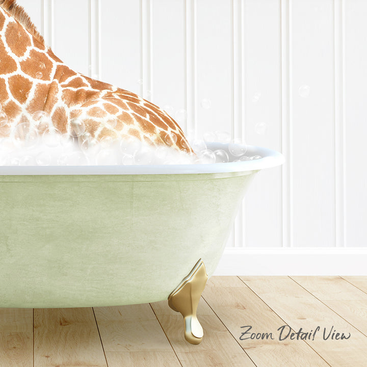 A giraffe is sitting in a green bathtub filled with water, creating a whimsical and playful scene.