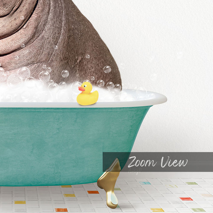 A yellow rubber duck sits in a green bathtub filled with bubbles, with a text overlay that reads "Zoom View".