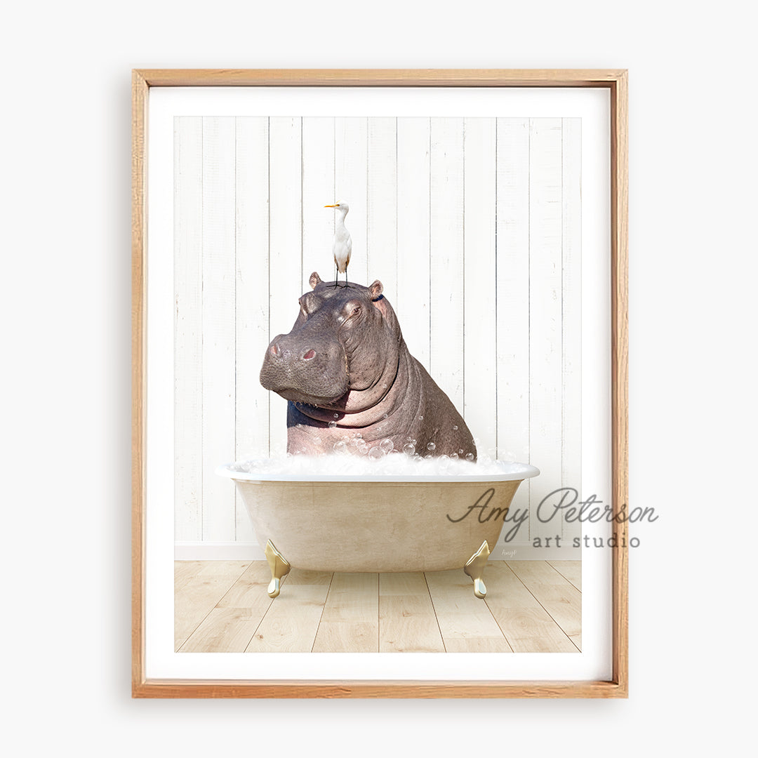 a hippo in a bathtub with a bird on top of it