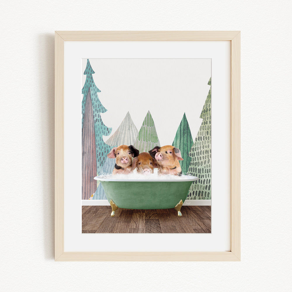 Three adorable pigs sitting in a green bathtub, surrounded by a forest-themed background.
