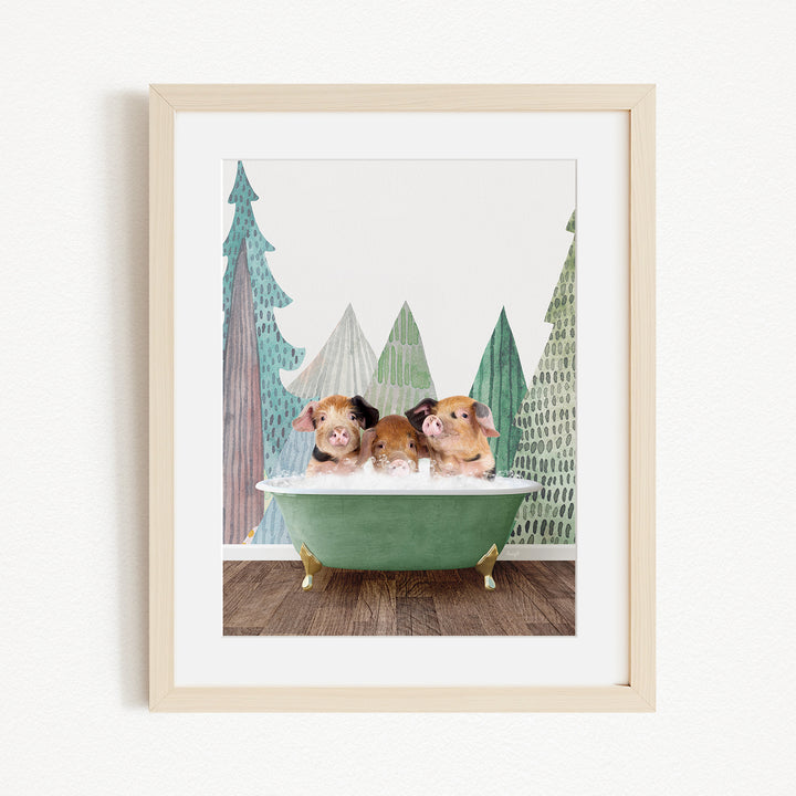 Three adorable pigs sitting in a green bathtub, surrounded by a forest-themed background.